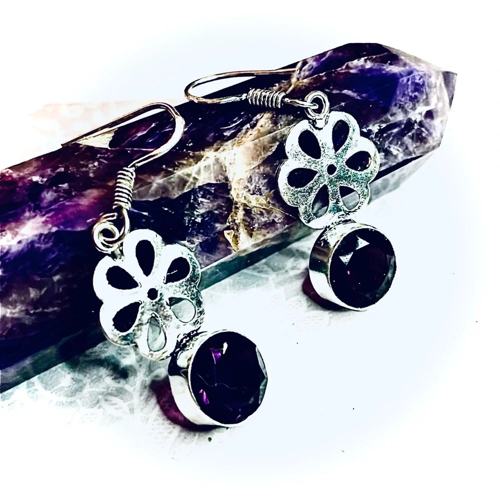 New Artisan 925 Sterling Silver Natural Amethyst Gem Daisy Handmade Earrings